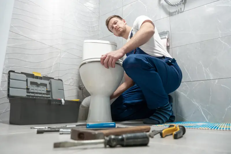 plumber fixes a leaking toilet - toilet repair